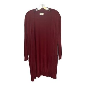 Fable Relaxed Fit Open Front Ribbed Trim Knit Cardigan Sweater Burgundy Small